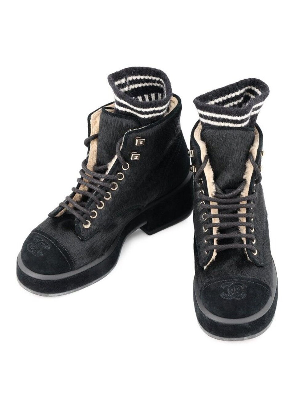 Chanel Short Boots CC Logo Calf Hair Suede c Shoes Black 35